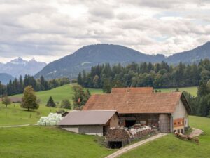 Ferme alpine entourée de pâturages, de forêts et de montagnes