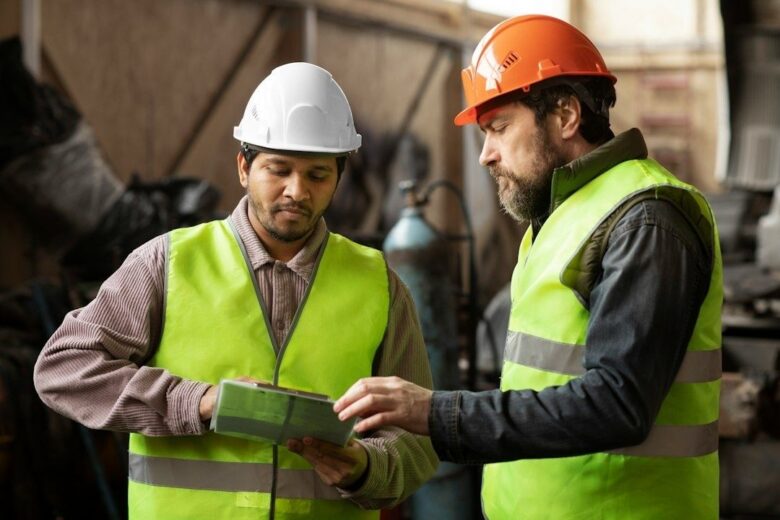 Deux ouvriers en gilet haute visibilité examinent une tablette sur un chantier